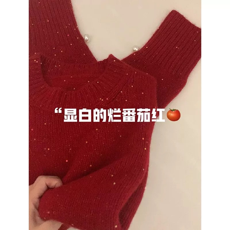 韩系本命年亮片烂番茄红色毛衣女冬季2023新款濮院针织羊绒衫上衣