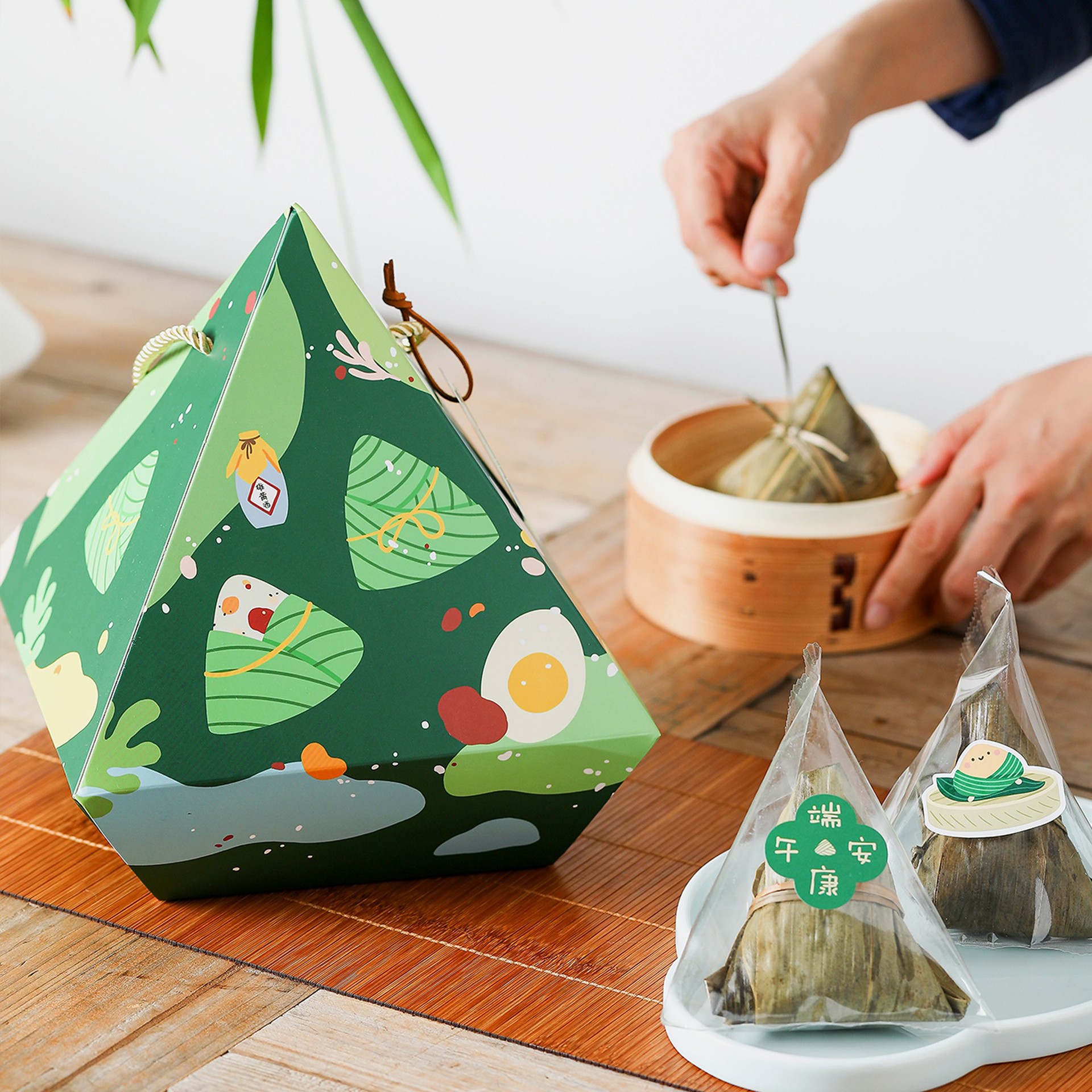 ins手绘端午加厚粽子肉粽手提礼盒6-8个包装袋贴纸包装盒5个