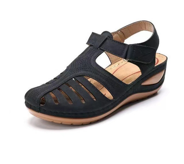 Cross-Border Foreign Trade plus Size Sandals Women's Comfortable Roman Wedge Sandals round Toe Hole Sandals Women's