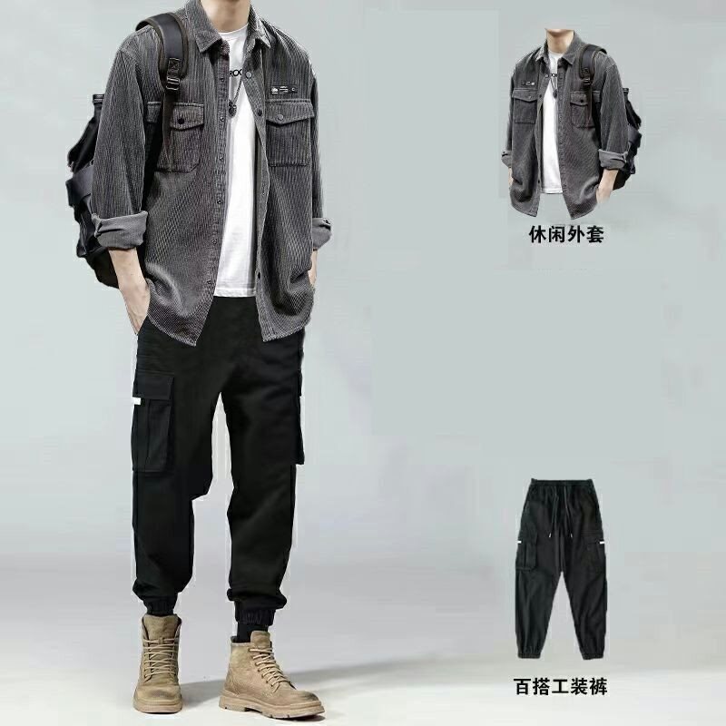 韩版潮流男士工装套装春秋季新款潮男衬衫三件套帅气搭配工装裤男