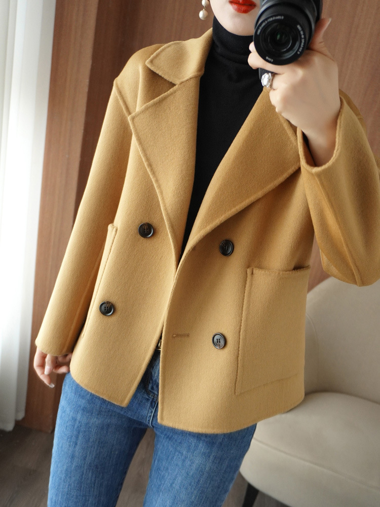 Yue Ou Double Breasted Short Wool Overcoat Women's Clothing Korean Style Autumn and Winter New Double Sided Cotton Woolen Handmade Cardigan Coat