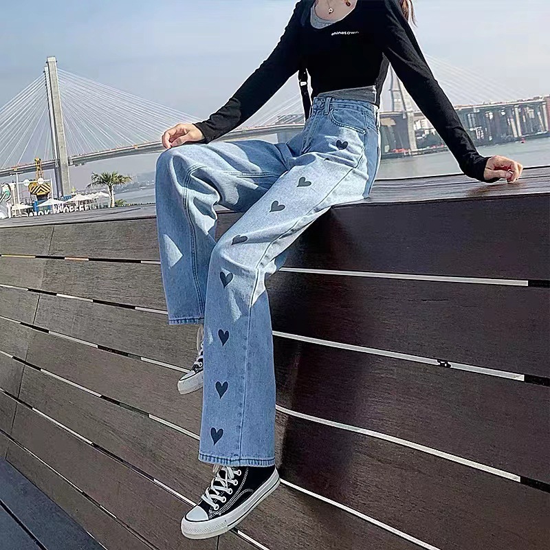   Straight Jeans Female with Hearts 2023 New High Waist Slimming All-Matching Summer Thin oose Drooping Wide eg Pants