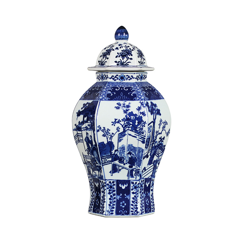 Jingdezhen Fake Antique Blue and White Ceramic Hat-Covered Jar Vase Blue-and-White Jar Retro Living Room Hallway Curio Shelf Decoration Decoration