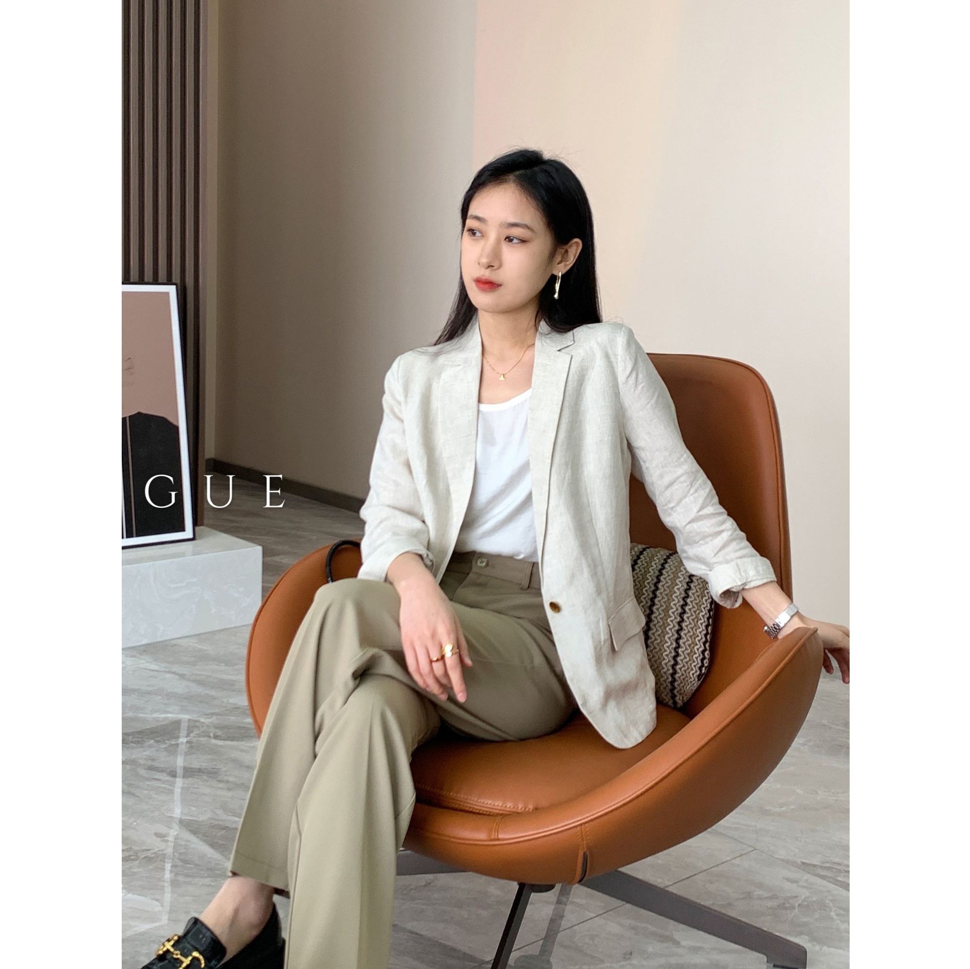 进口亚麻一粒扣显瘦通勤亚麻小西装外套休闲西服女春