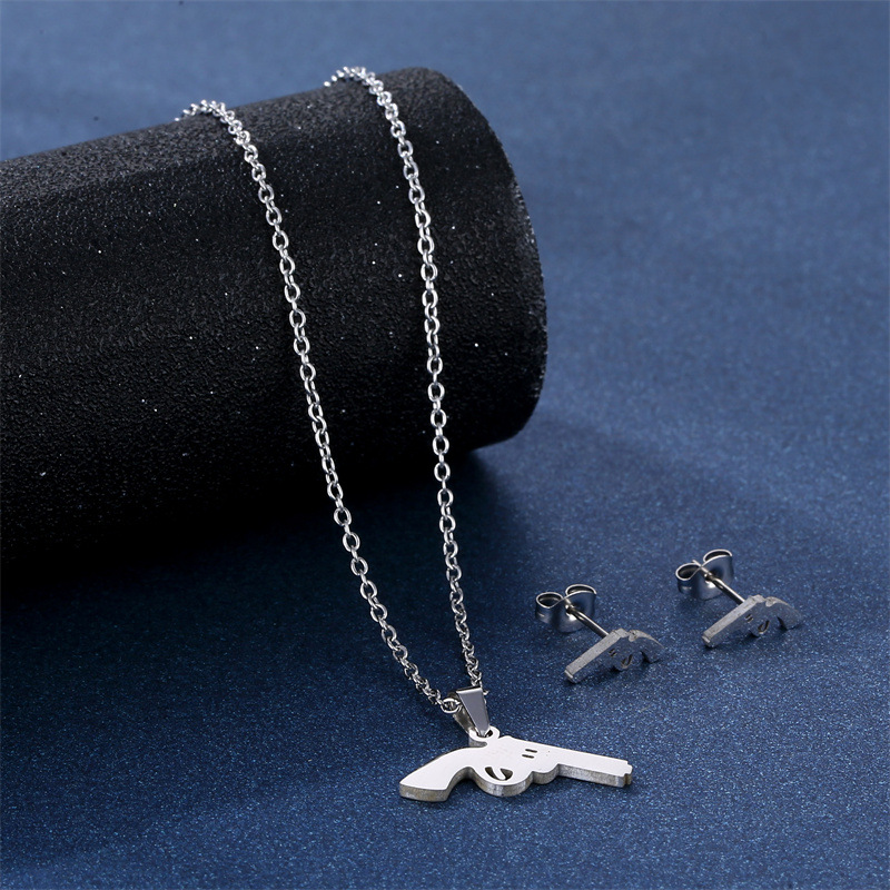 Hip Hop Pistol Pendant Necklace and Earring Suit European and American Fashion Brand Simple Sweater Chain Heavy Metal Texture Ornament Accessories
