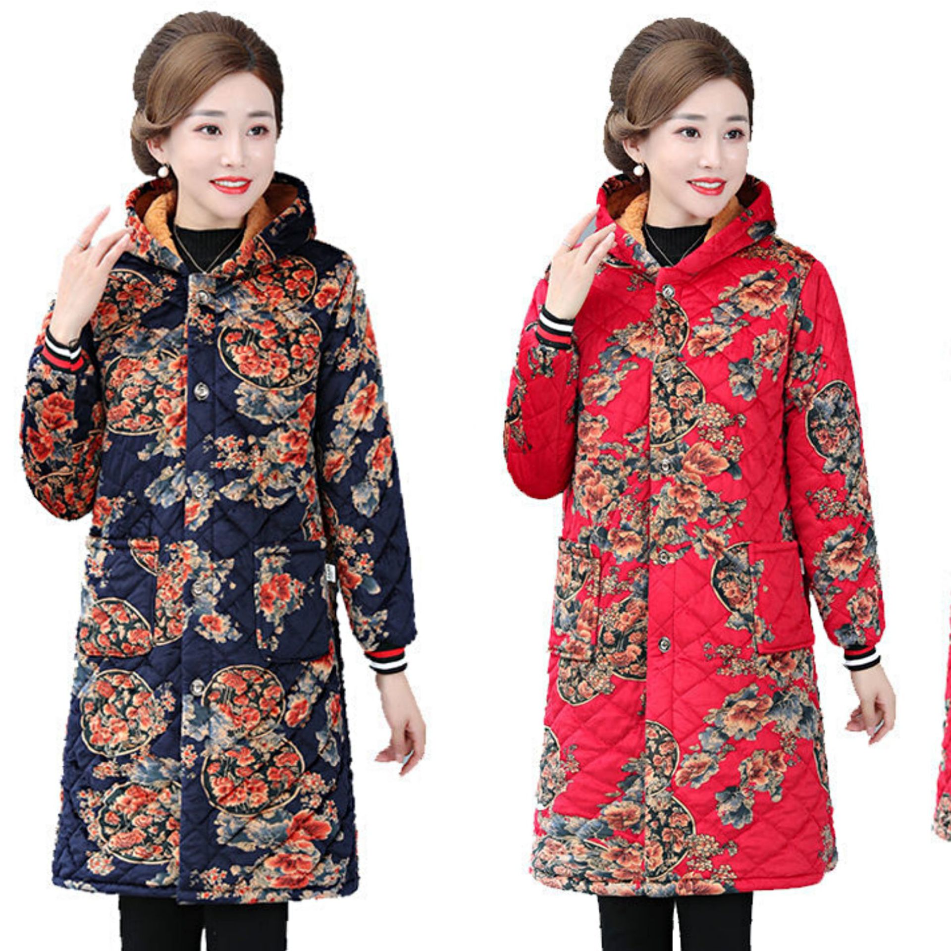 秋冬大妈女装中老年罩衣加绒加厚妈妈装外套保暖老太太棉袄长款