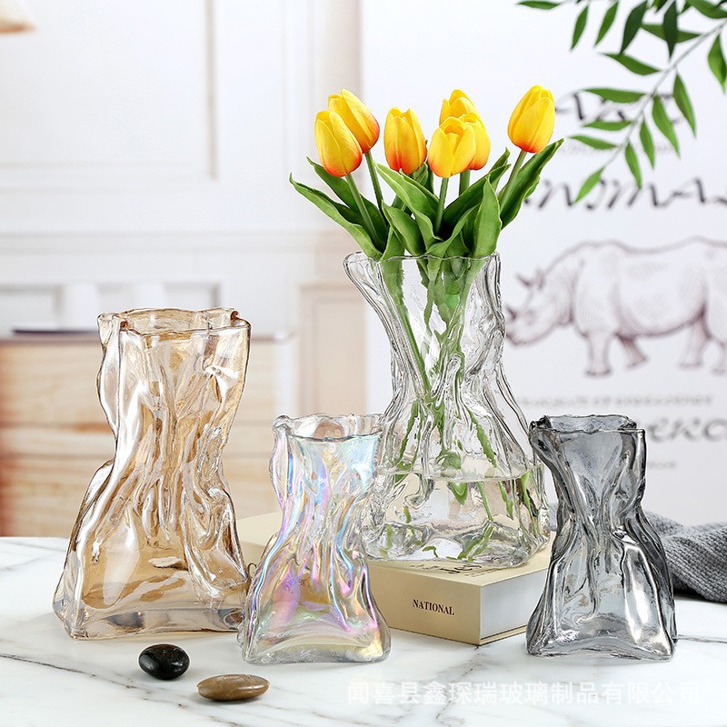 Creative Lucky Bag Glass Vase Small Mouth Plug Dried Flower Vase Pleated Colorful Waist Desktop Decoration Discount Wholesale