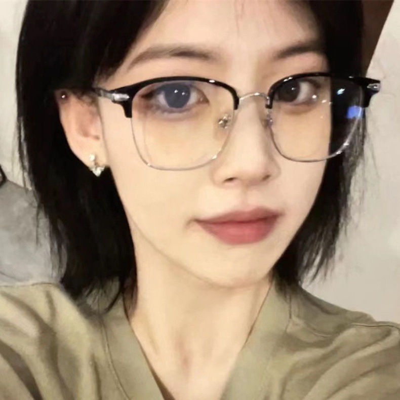 复古纯欲黑半框防辐射抗蓝光眼镜女超拍平光护眼睛近视大无度数男