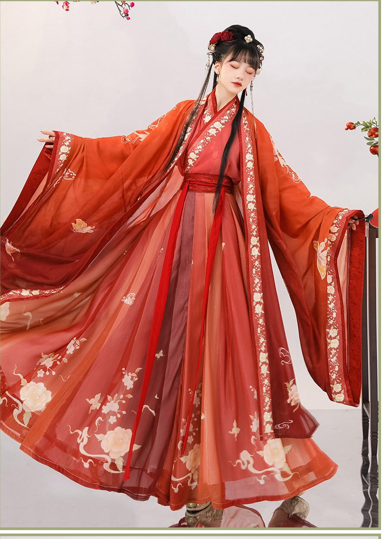 秋季新款凤蝶汉服女中国风红色齐腰交领大袖衫日常古装宋制三件套