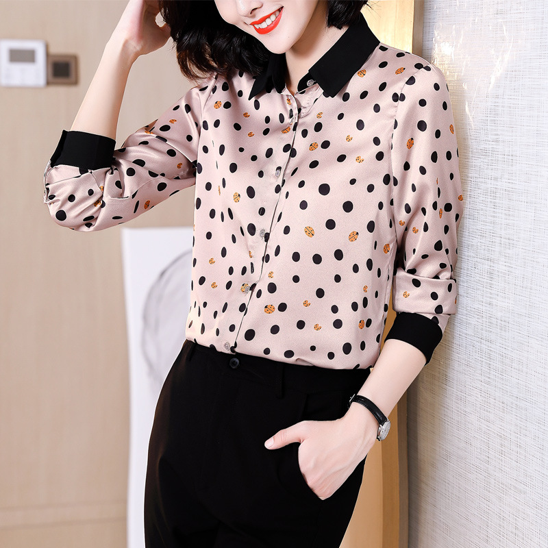 实拍重磅真丝印花衬衫2021年秋季新款时尚波点大牌长袖大码女上衣