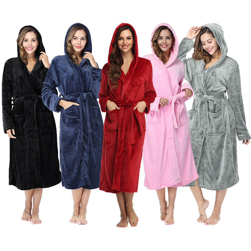 cross-border solid color plus size hooded nightgown homewear hotel autumn and winter pajamas extended flannel couple bathrobe