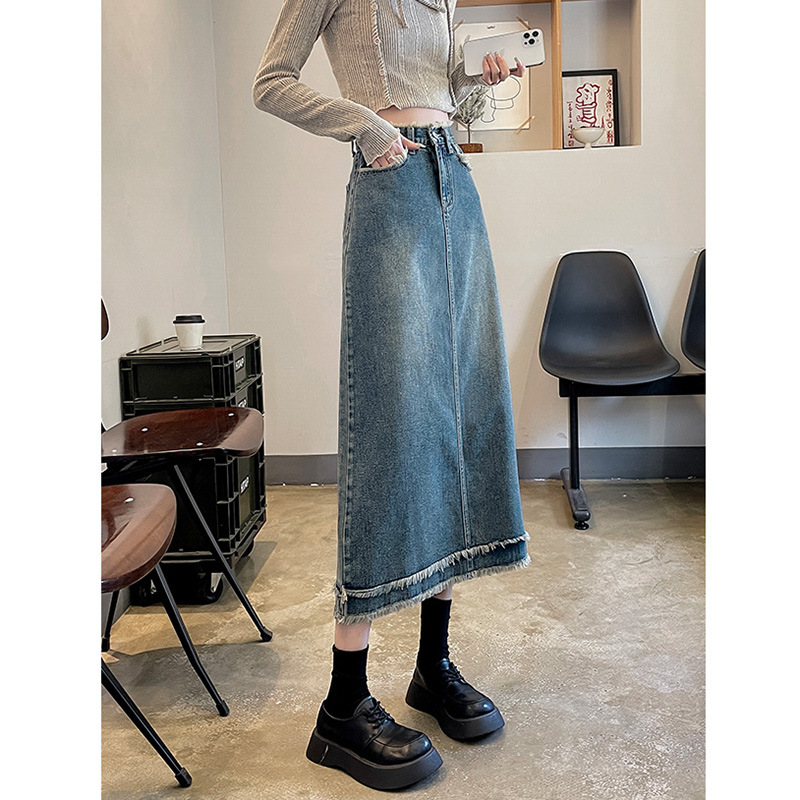   01 200 Denim Skirt Women's Mid-ength Skirt 2023 Spring and Summer New High Waist Slimming Frayed Edge A- line Sheath Skirt