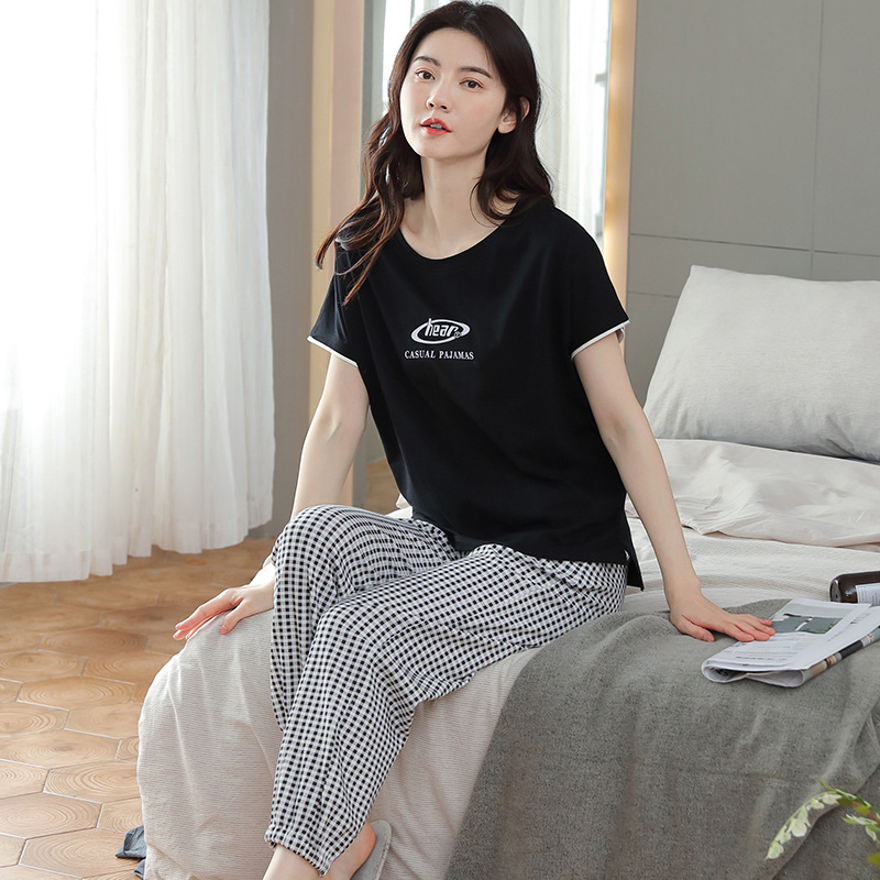 Women's Cotton Pajamas Summer Pullover Short-Sleeved Trousers Summer Thin Full Cotton Casual Outerwear Homewear Suit