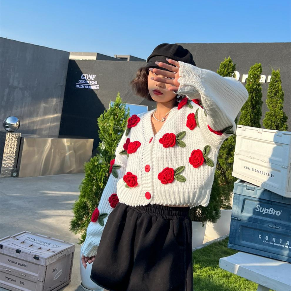 跨境外贸手钩毛衣粗针织开衫手工立体玫瑰花朵撞色外套甜美外套女