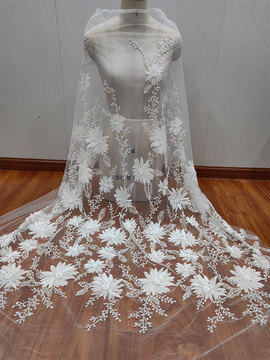 新款高品质重工钉珠亮片白色珍珠花朵款蕾丝网纱婚纱头纱礼服花边