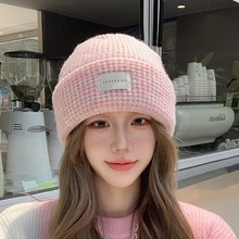 粉色毛线帽子女秋冬天韩版甜美可爱ins布标保暖护耳字母针织帽潮