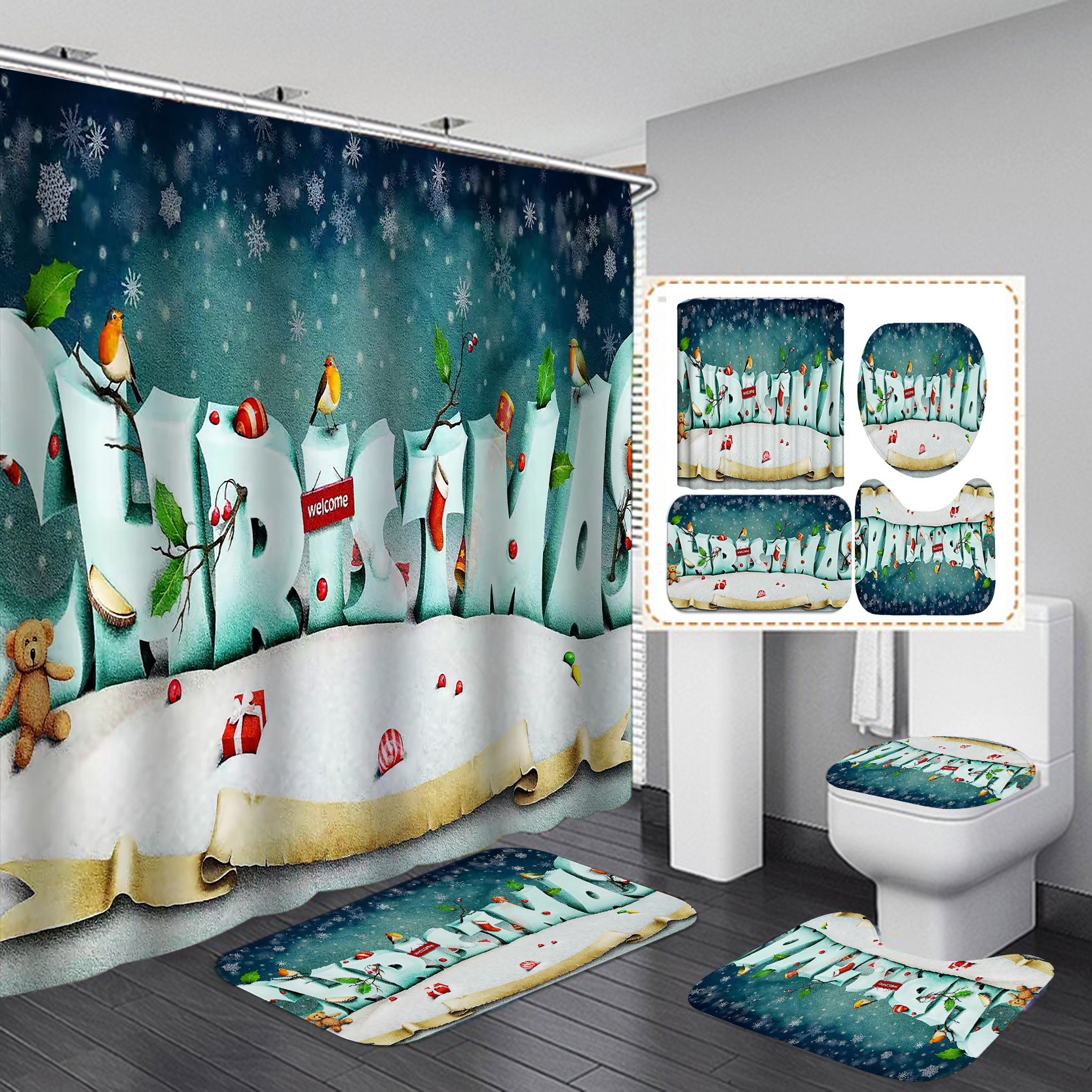 HD Digital Printing Christmas Shower Curtain Set Series Waterproof Punch-Free Partition Curtain Hotel Rain Curtain