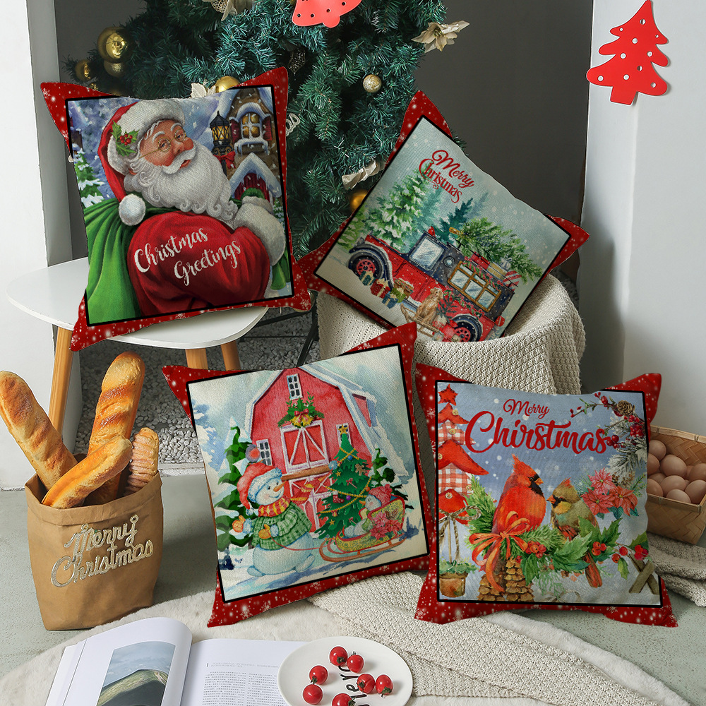 2024 Cross-Border Amazon Red Watercolor Christmas Pillow Linen Printing Holiday Cartoon Pillow Household Supplies