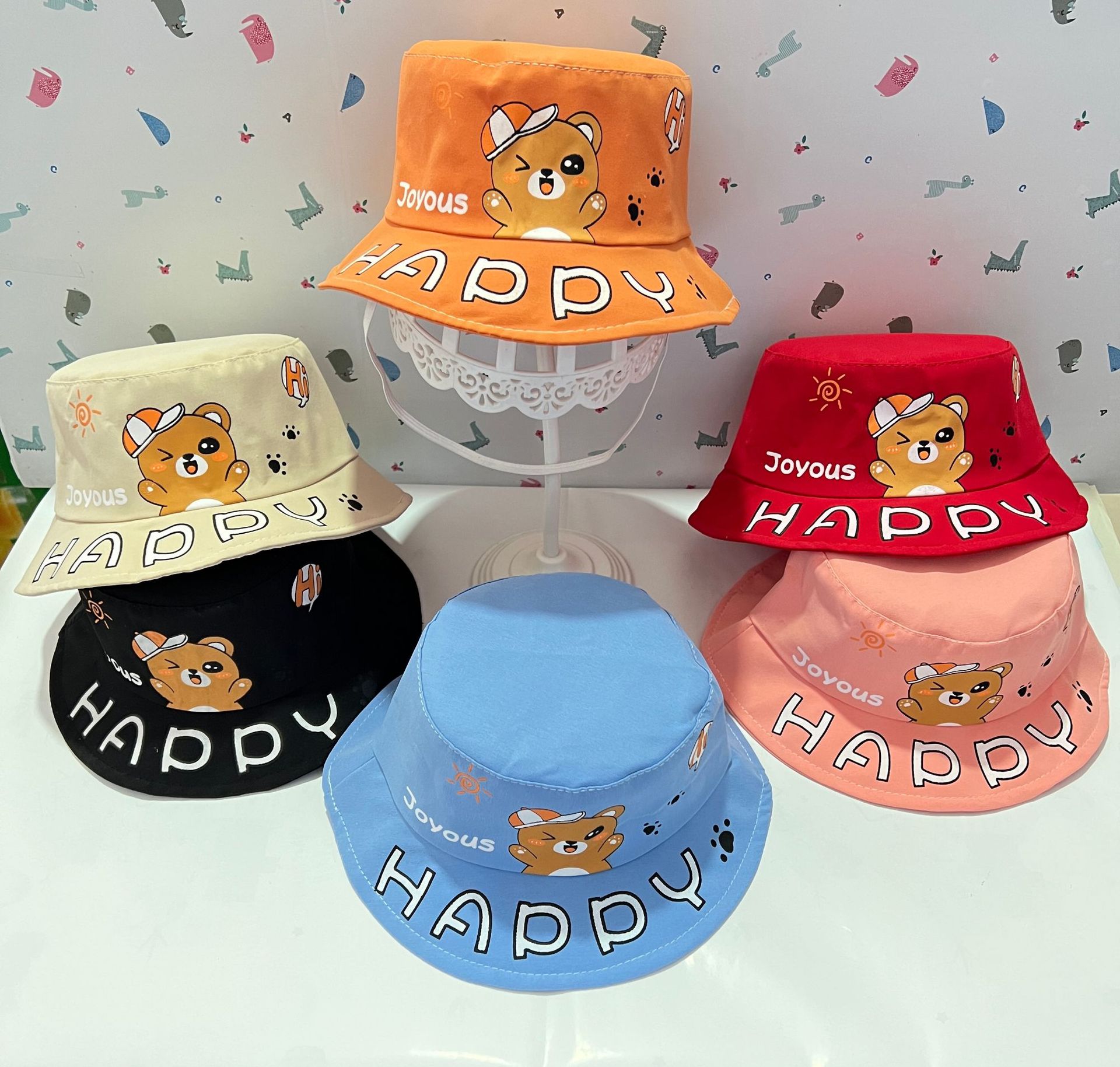 Fisherman Hat Cute Windproof Sun Hat Boys and Girls Cartoon Embroidered Printed All-Match Four Seasons Sun Hat Wholesale