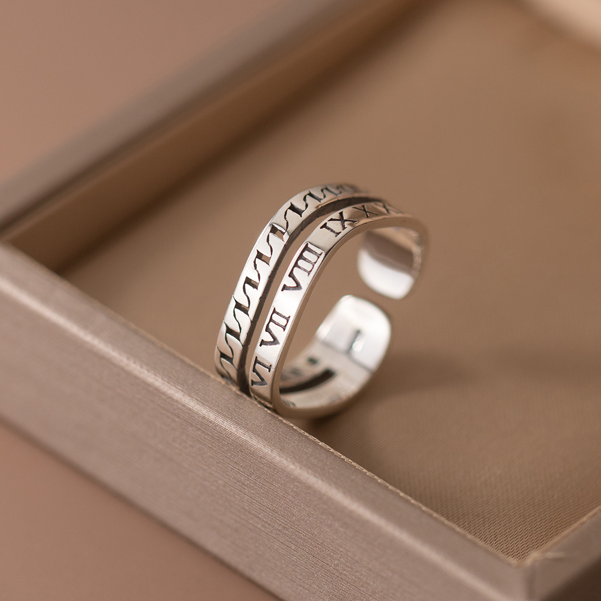 爱洛奇 s925银泰银罗马数字双层戒指简约气质几何手饰品女r00595