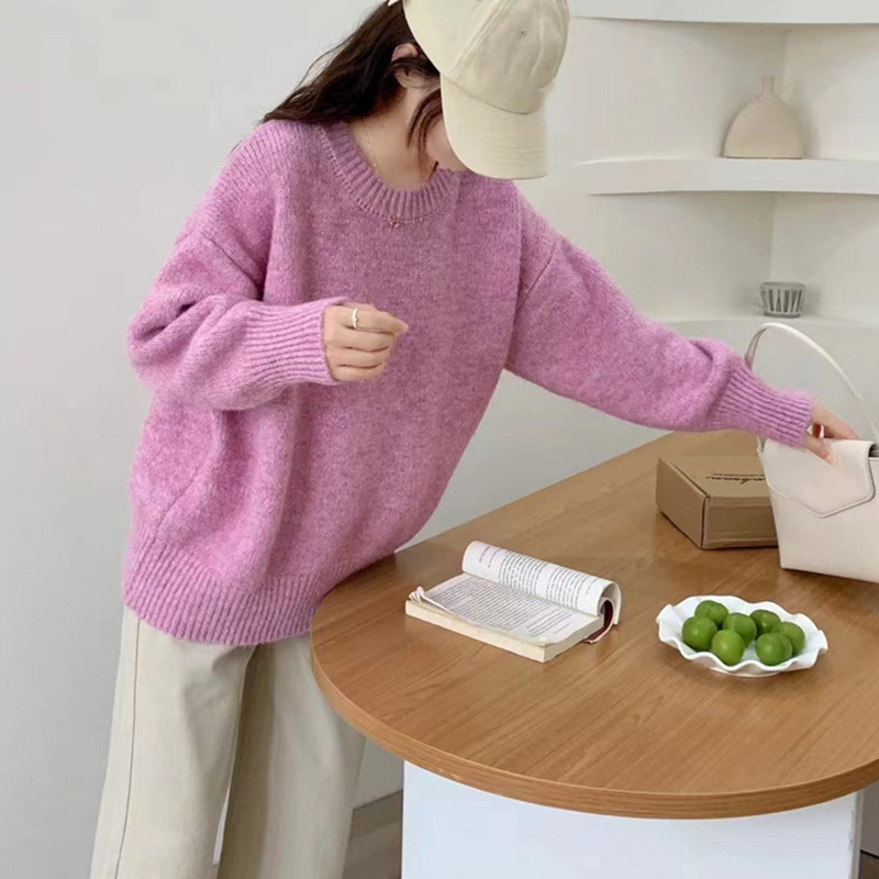 2023秋冬季新款纯色软糯套头毛衣女宽松慵懒风加厚圆领针织衫上衣