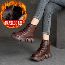 上海杰骤冬季新款复古擦色短靴加绒保暖侧拉链舒适马丁靴休闲女鞋