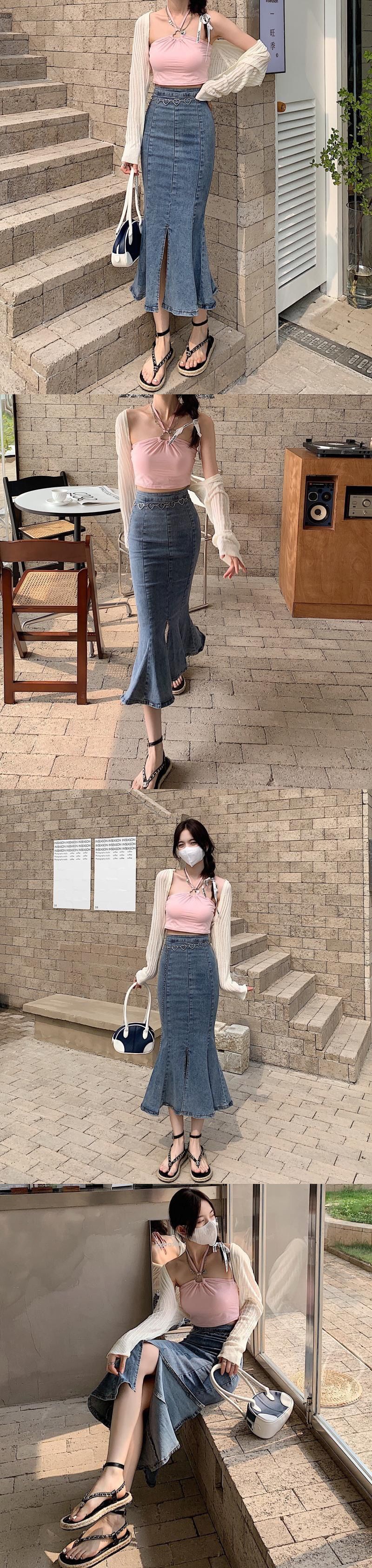 喇叭裙鱼尾牛仔半身裙春秋新款高腰显瘦荷叶边a字包臀裙开可代发