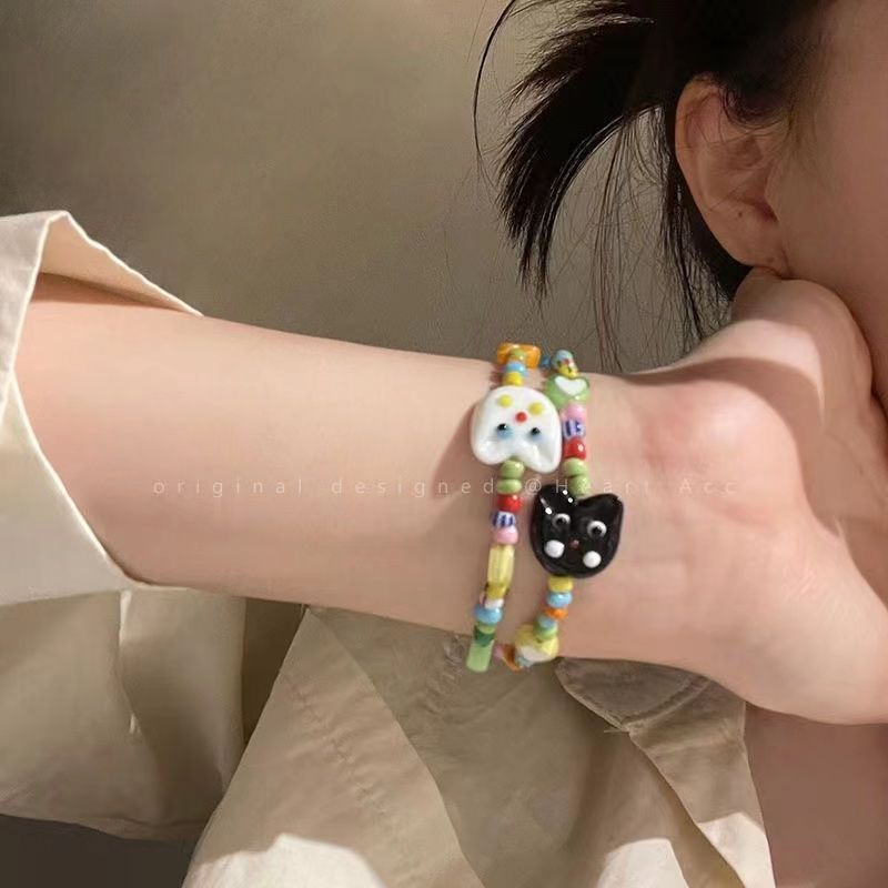 Cute Cartoon Cat Sweet Loving Heart Beaded Bracelet Female Summer Ins Special-Interest Design Girlfriends Couples Bracelet