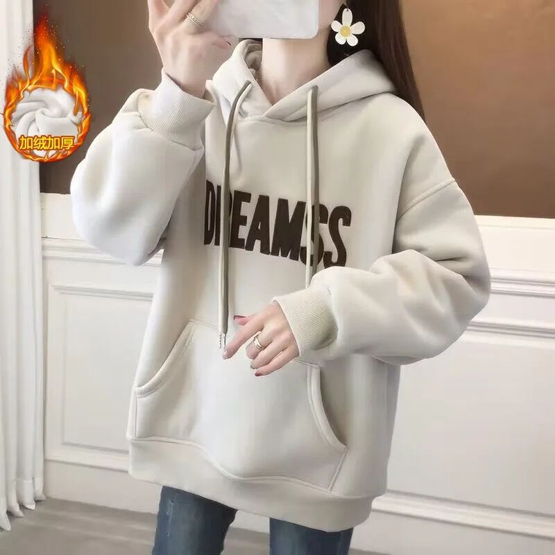 加绒加厚连帽卫衣女冬季宽松显瘦秋冬字母印花上衣-阿里巴巴