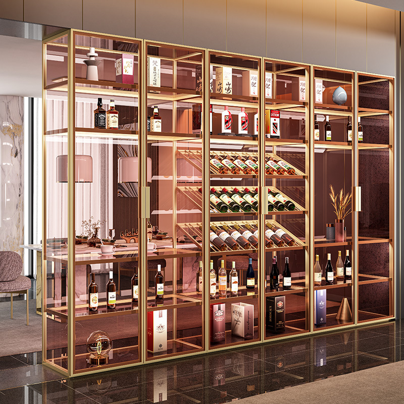不锈钢玻璃门红酒柜可客厅家用靠墙轻奢金属酒水柜餐边柜一体