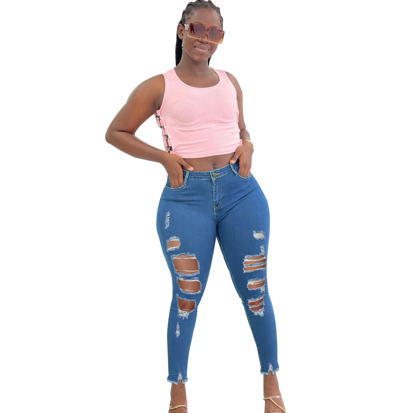   3040# Wish Cross-Border EBay Amazon European and American New Women's Clothes Fashion Fashion Ripped Denim Pants