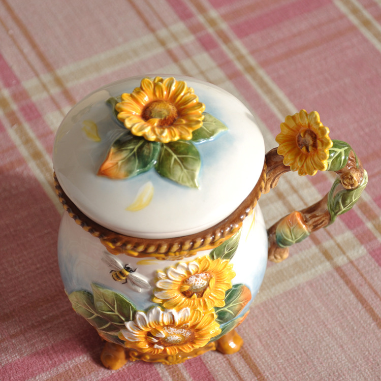 Ceramic Underglaze SUNFLOWER Sunflower Cup with Lid Household Living Room Water Cup Tea Strainer Tea Cup Filter Cup