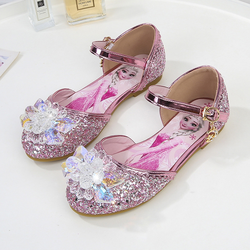 爱莎女童凉鞋冰雪奇缘水晶鞋夏季公主皮鞋带钻蝴蝶结儿童平底鱼嘴
