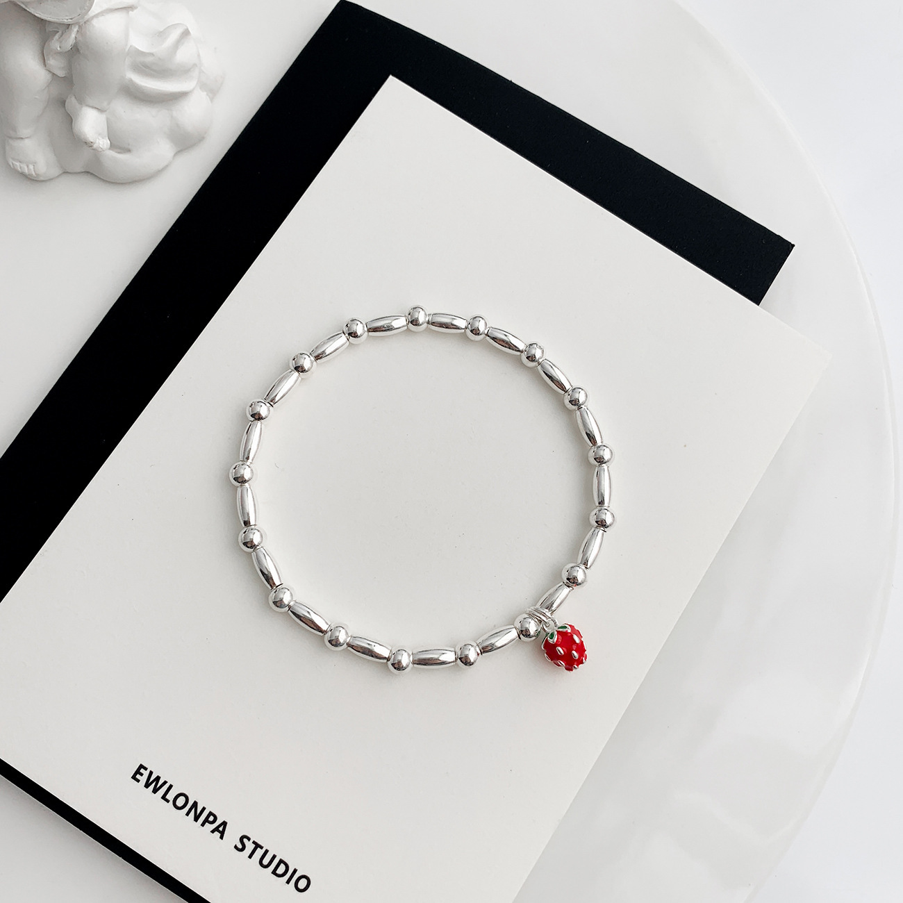 Sweet Ins Strawberry Sliver Beads Bead Elastic Bracelet Women‘s S925 Sterling Silver Chain Bead String Bracelet 925 Silver