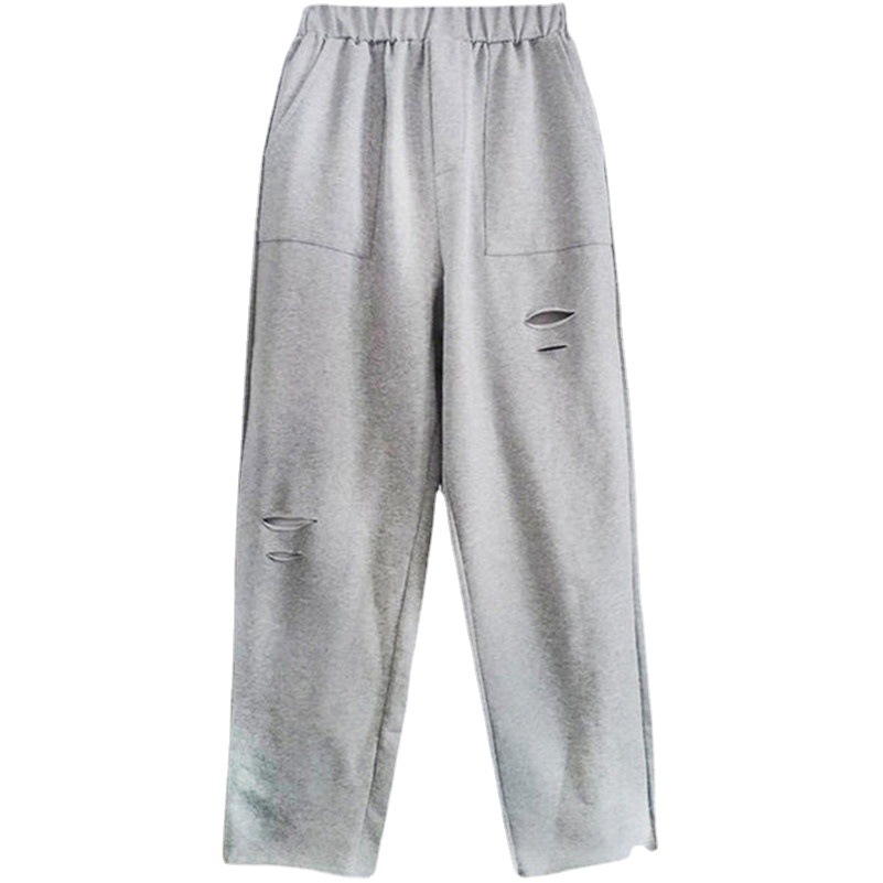 破洞灰色运动裤女夏季新款宽松束脚显瘦休闲七分哈伦萝卜裤潮外贸