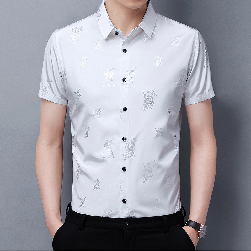 Ice Silk Satin Surface Shirt Men's Short Sleeve 2023 Summer New Heavy Top Half Sleeve Rose Jacquard Shirt Fashion