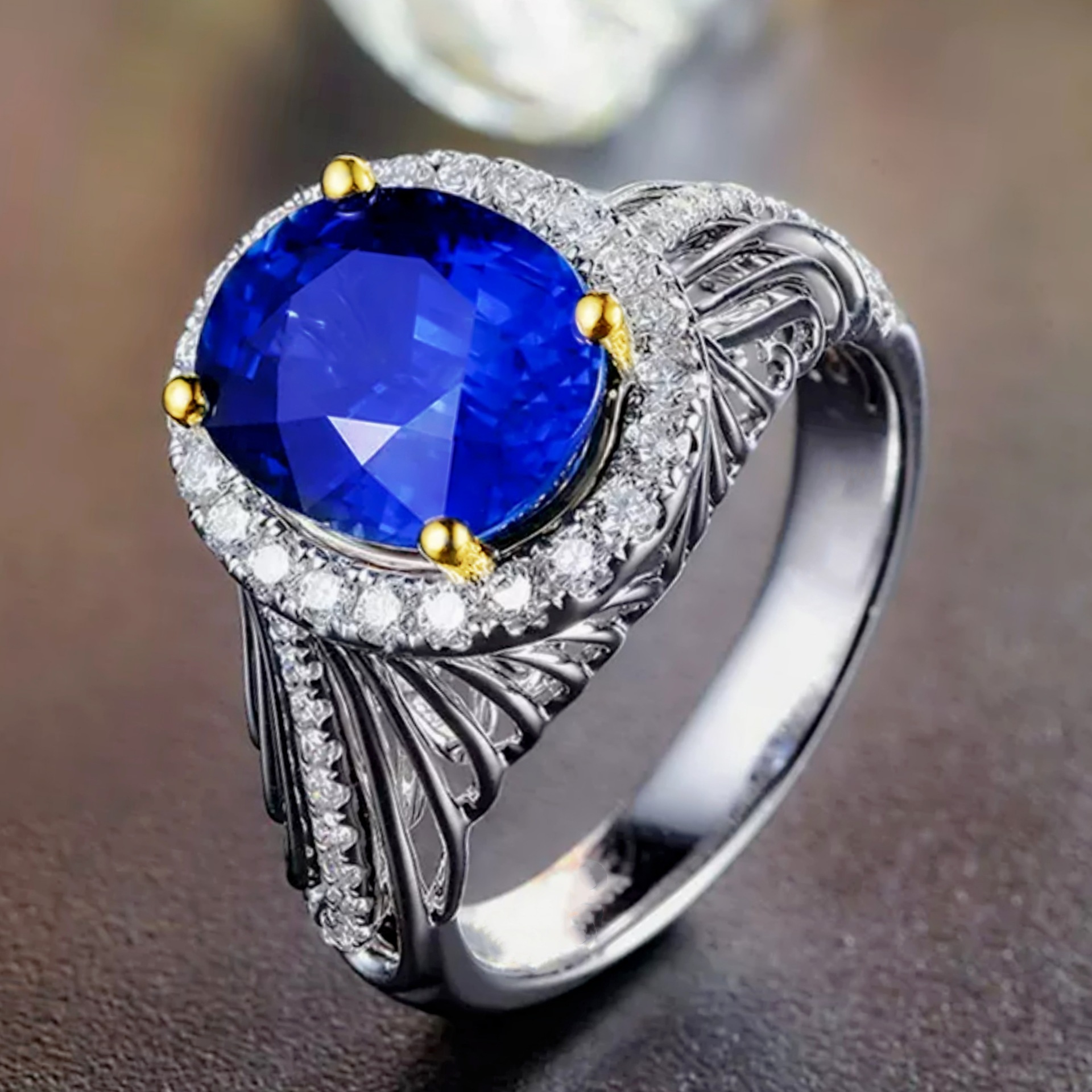 镀黄金双色仿天然蓝宝石戒指 镀18k金奢华镶钻镂空蜂巢蓝钻戒指环