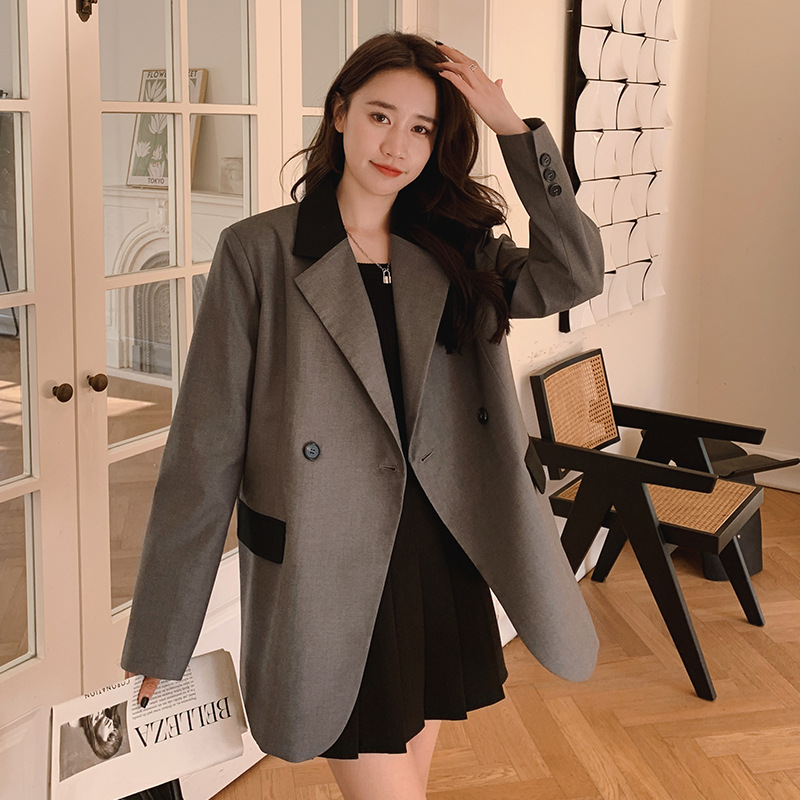 跨境女装撞色西装外套女春秋2023年韩版新款设计感小众拼接西服