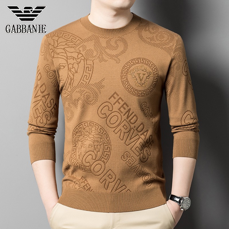 奇阿玛尼亚羊毛衫男士长袖t恤圆领提花针织衫韩版潮流毛衣打底衫