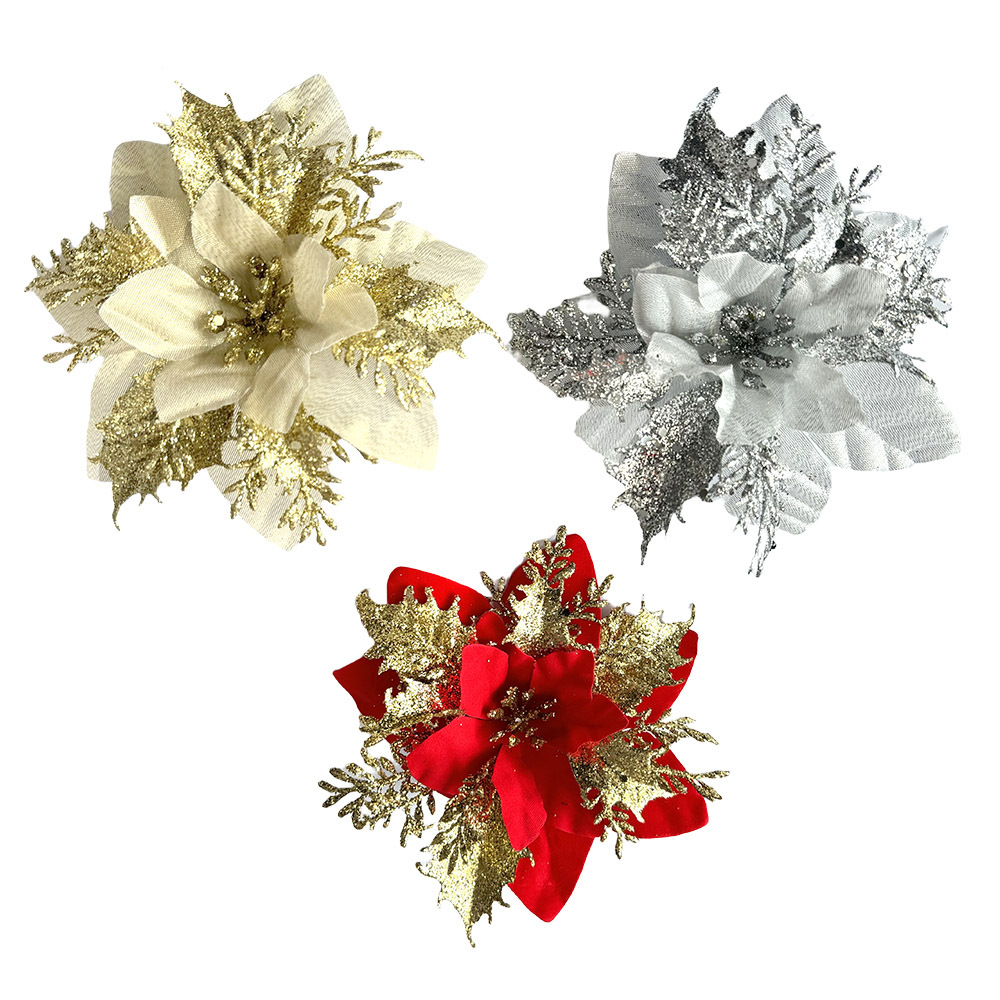 撒粉闪光圣诞花胸花圣诞节婚庆婚礼装饰道具圣诞树仿真花跨境批发