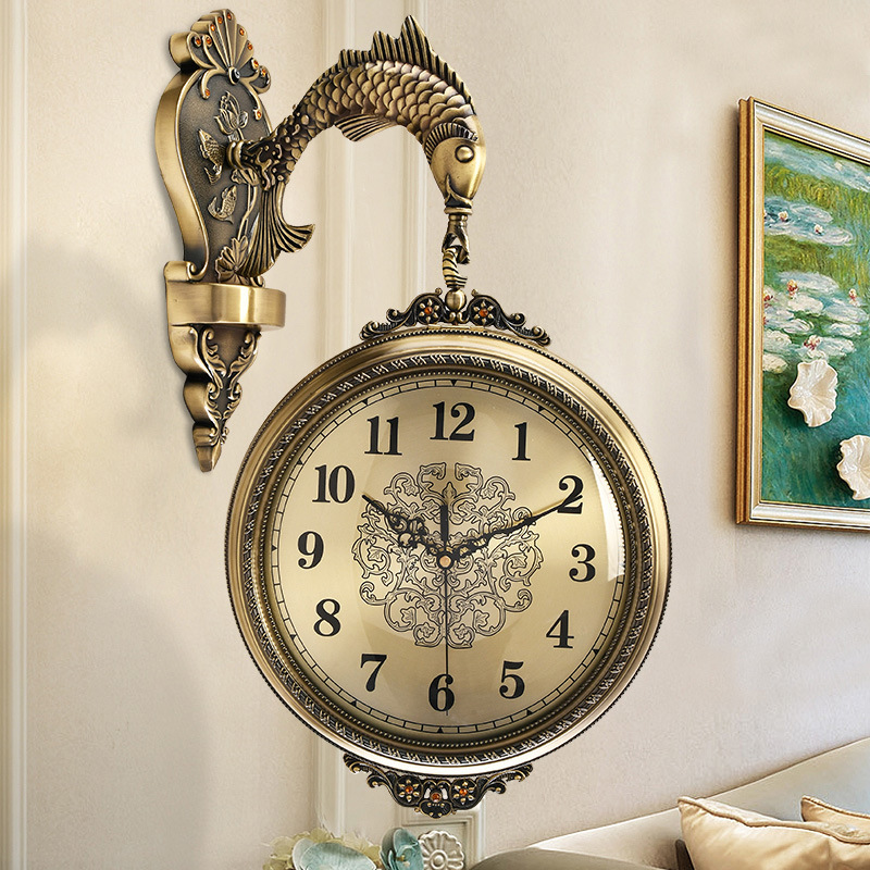 美式实木双面挂钟欧式静音客厅钟表石英钟两面复古挂表创意大时钟