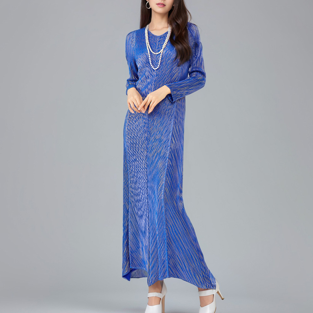 高级感连衣裙女装24年新款烫金长袖宽松大码气质优雅褶皱长裙礼服