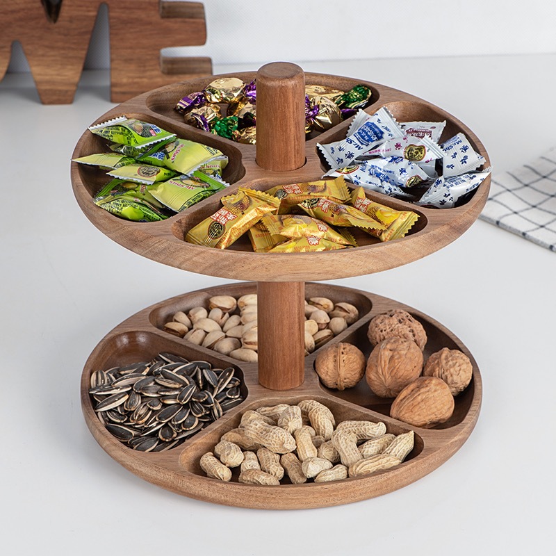 Fruit Plate Creative Modern Living Room Home Wooden Double-Layer Rotating Compartment Candy Snack Nut Plate Internet Celebrity Fruit Plate