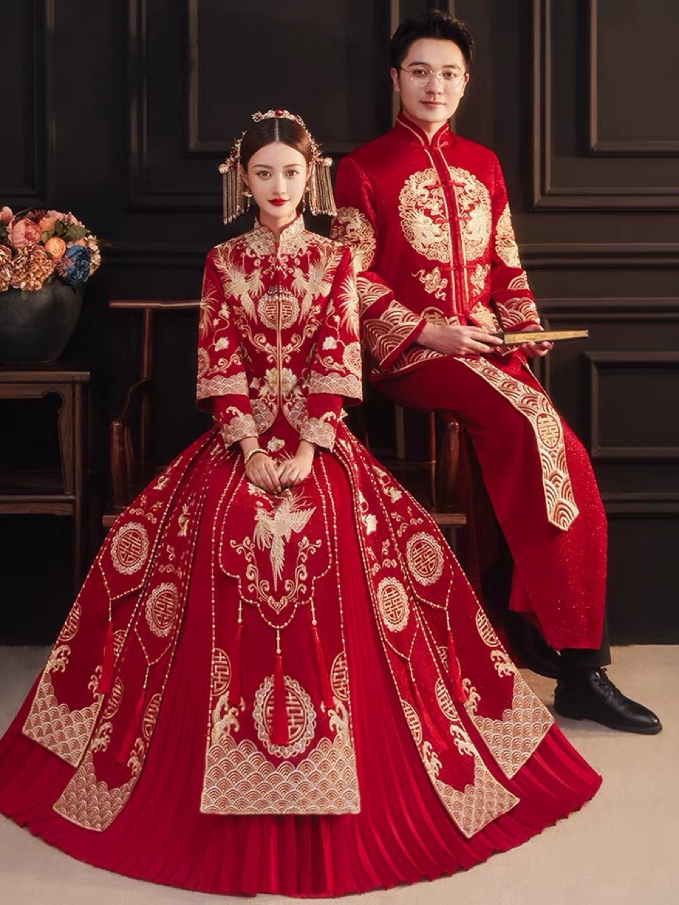 2022长袖秀禾服新郎新娘结婚礼服情侣装显瘦圆领薄款中式婚纱