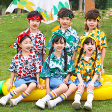 六一儿童啦啦队演出服幼儿园港风花衬衫短袖小学生运动会表演服装