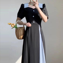 法式复古假两件短袖连衣裙女2024夏季新款修身显瘦气质设计感长裙