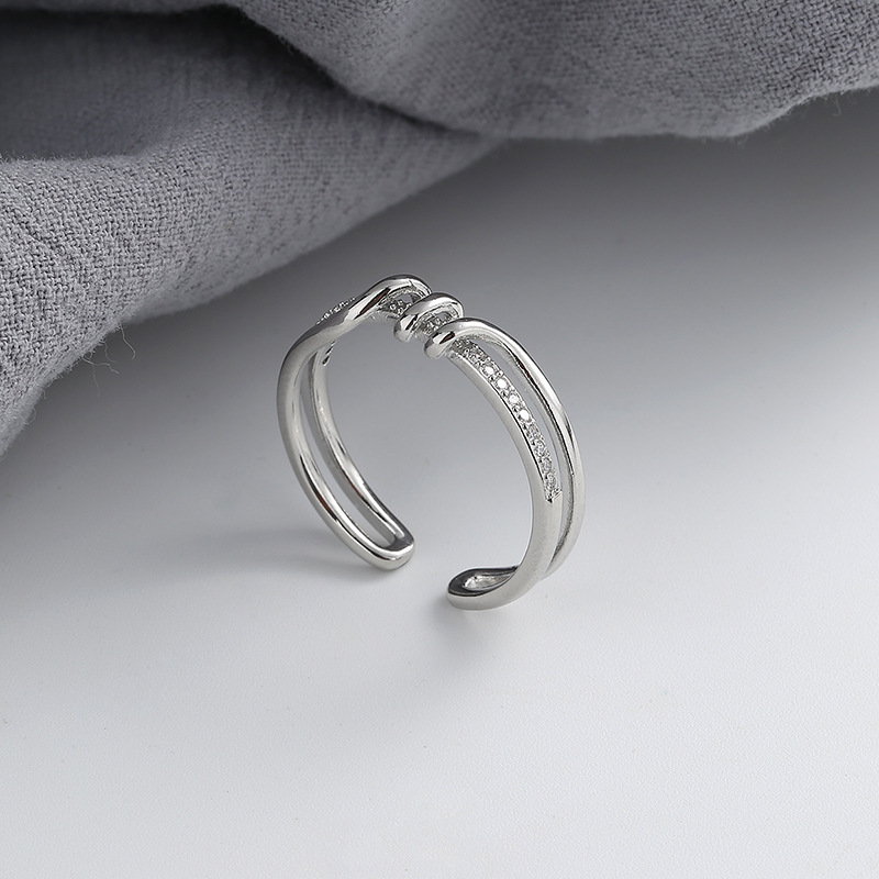 新款叠戴锆石双圈戒指女小众设计感冷淡风交叉锁链绳结缠绕食指戒