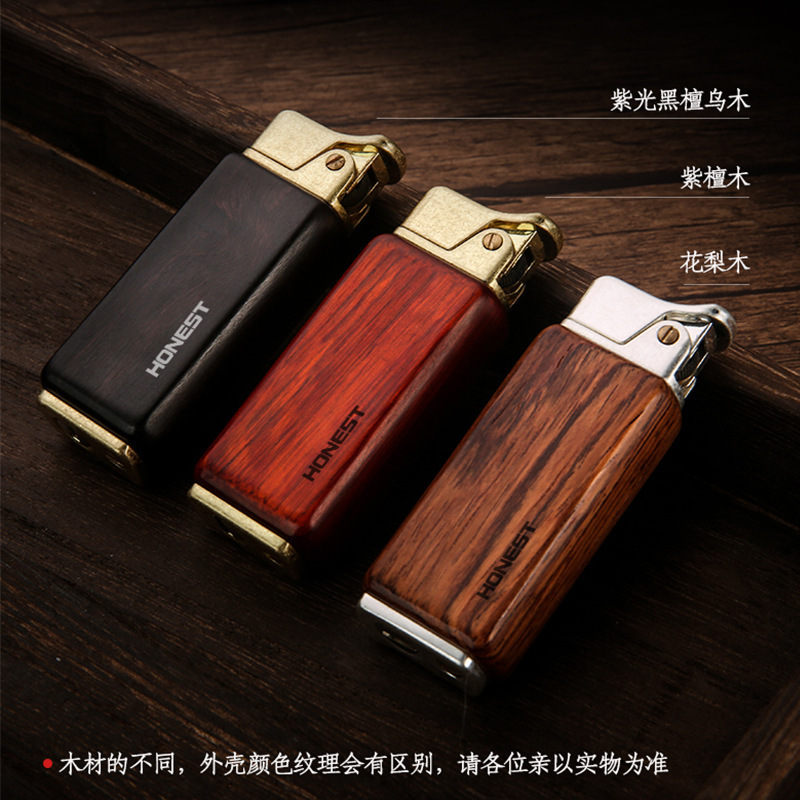 新款云端檀木砂轮式揭盖点火复古煤油个性木头男士打火机批发
