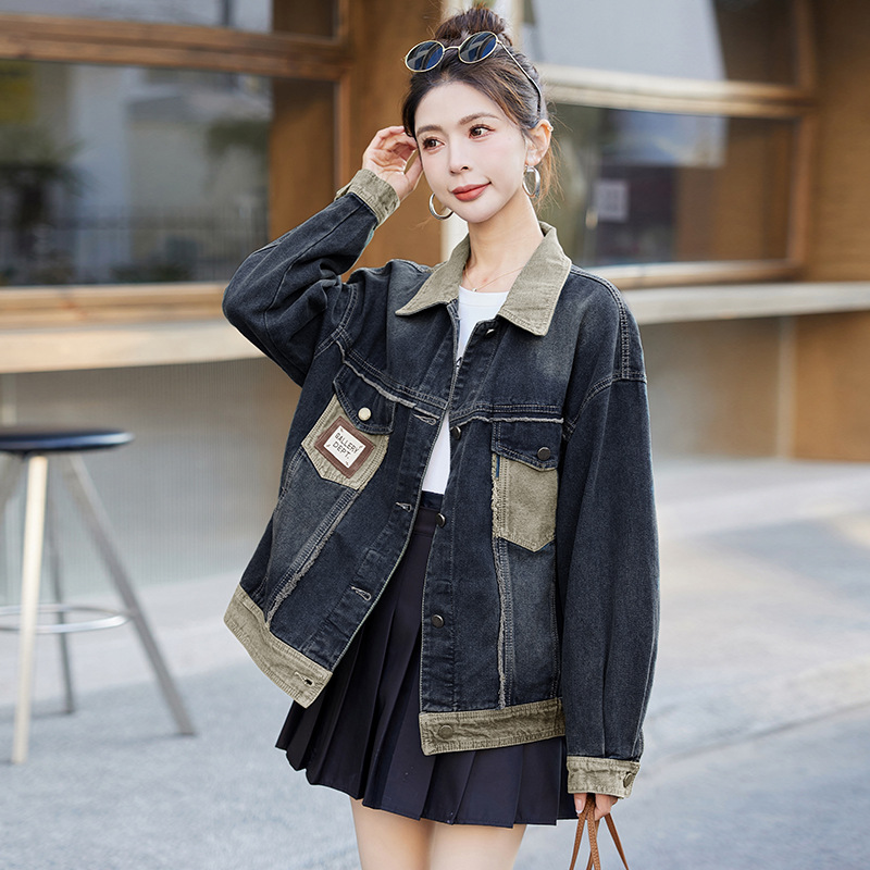 牛仔外套女装毛边小个子2024春秋新款拼接宽松bf风复古夹克上衣
