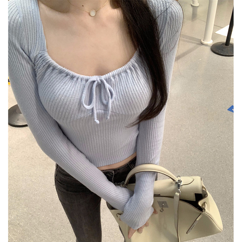 Rib Pit Corduroy Hot Girl Short Square Collar Long Sleeve T-shirt Bottoming Shirt Autumn 2022 Navel New Women's Clothing